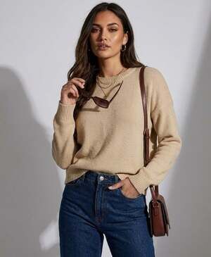 Brave Soul London NWT Women's Beige Textured Knit Crew Neck Pullover Sweater